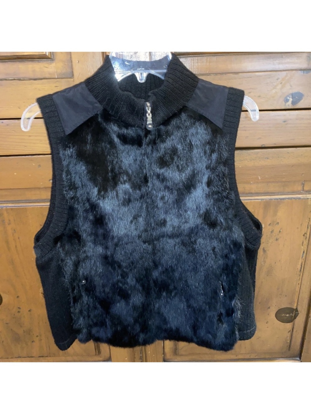 Women's JAMIE SADOCK Black Rabbit Fur/Wool Blend Sweater Vest Size Large Pockets